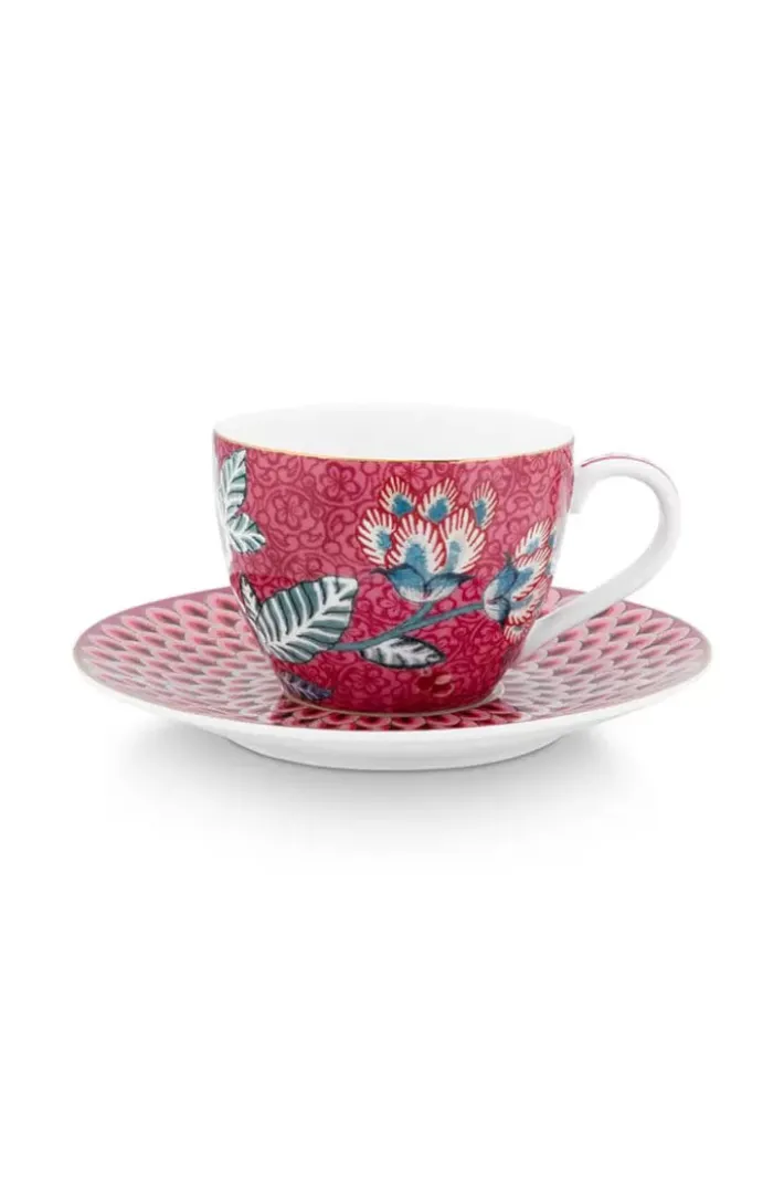 Pip Studio Kop/Schotel<Flower Festival Espresso Kop & Schotel Donker Roze