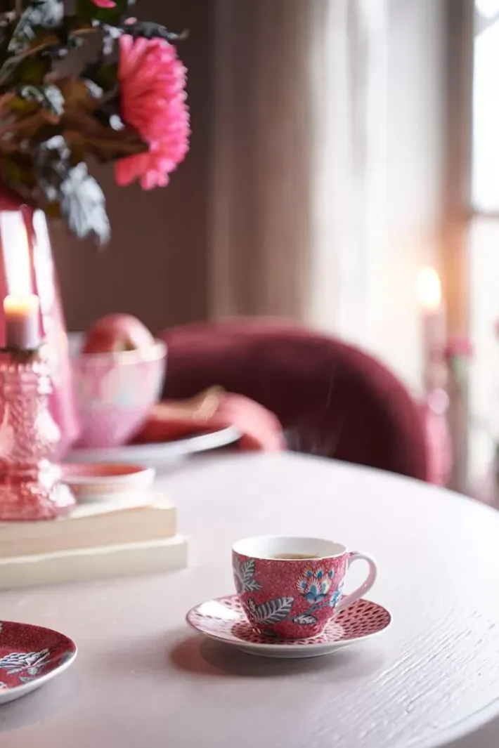 Pip Studio Kop/Schotel<Flower Festival Espresso Kop & Schotel Donker Roze