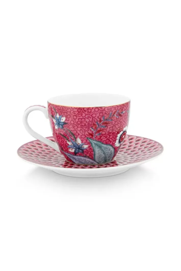 Pip Studio Kop/Schotel<Flower Festival Espresso Kop & Schotel Donker Roze