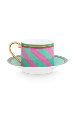 Pip Studio Kop/Schotel<Pip Chique Stripes Cappuccino Kop & Schotel Roze/Groen