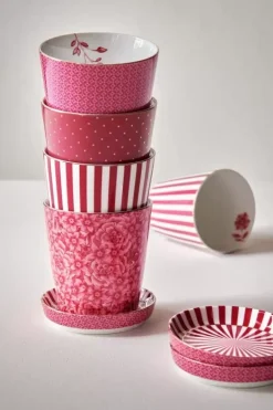 Pip Studio Theemokken<Royal Stripes Mok Bloemen & Theetip Donker Roze